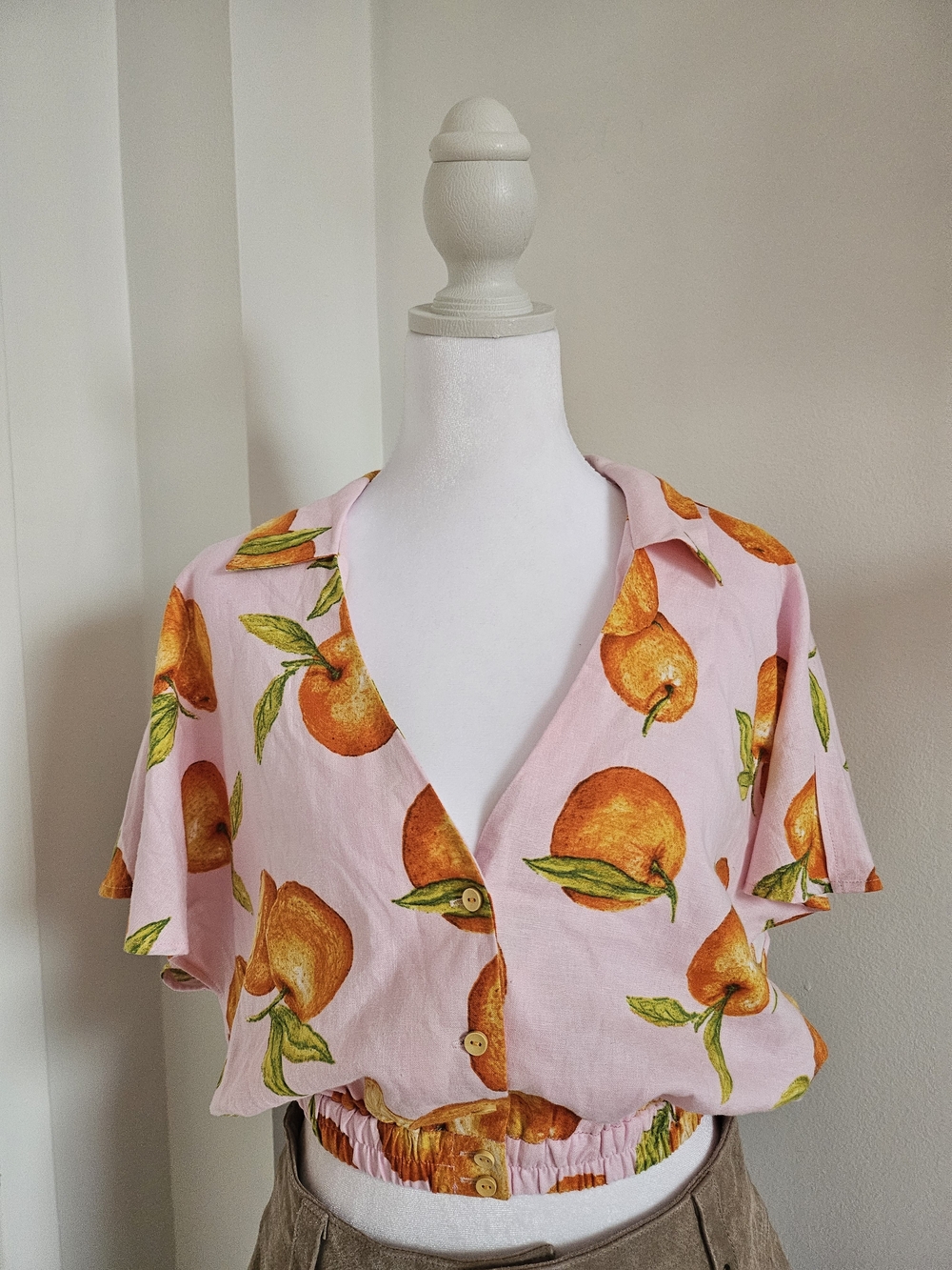Zara linen Blend Pink Cropped  Top with Orange Fruit Print